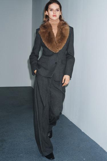 FAUX FUR COLLAR FITTED BLAZER ZW COLLECTION - Grey marl by Zara