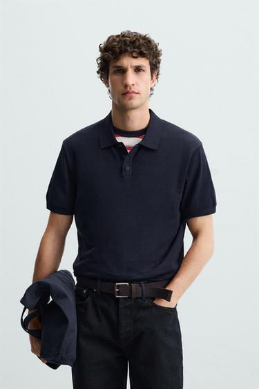 Zara COTTON - SILK BLEND KNIT POLO - Navy blue