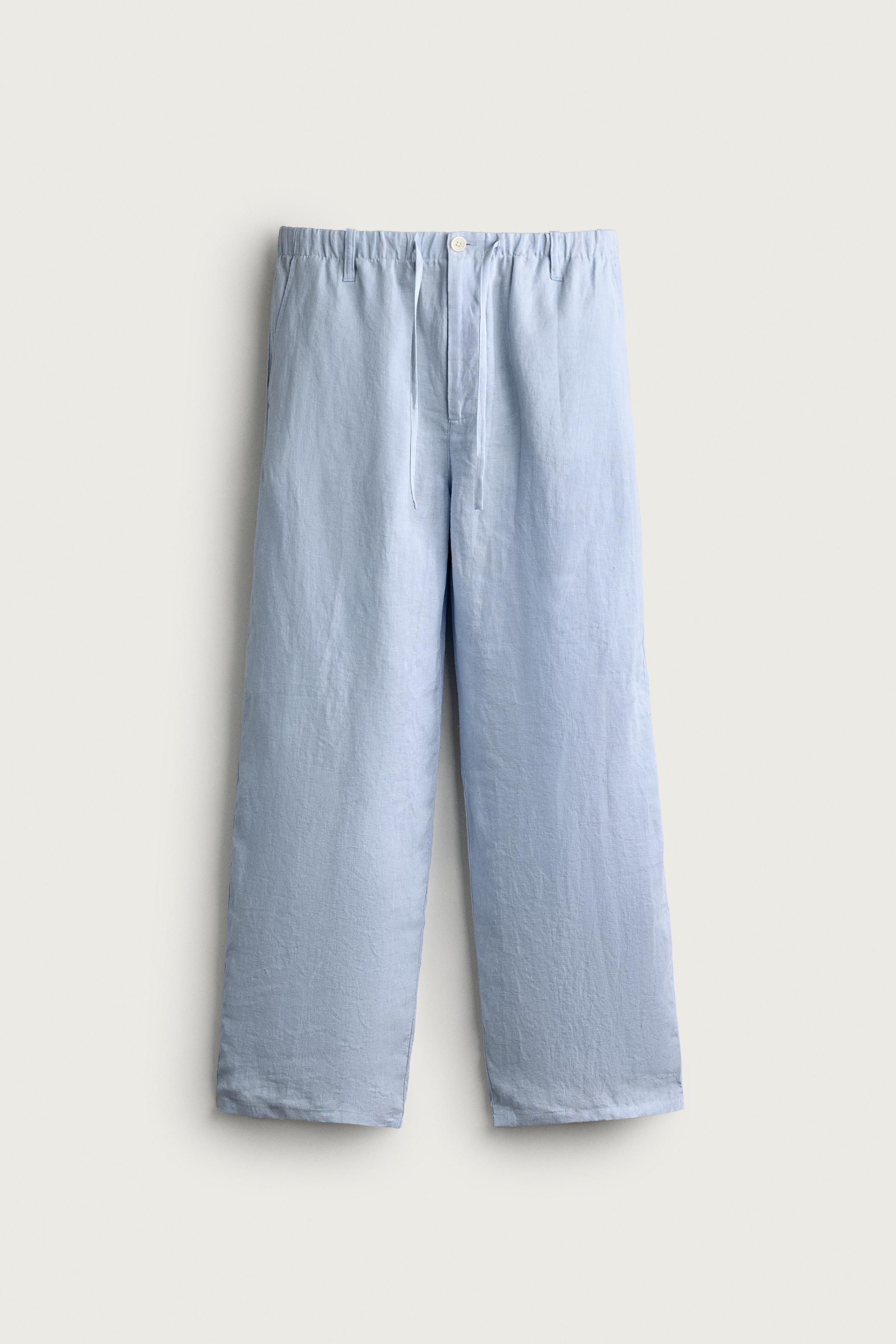 100% LINEN RELAXED FIT PANTS — Sky blue
