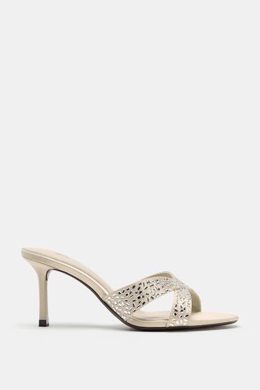 Zara SPARKLY HEELED MULE SANDALS - Off White