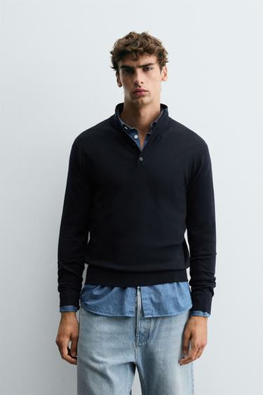 100% WOOL SWEATER WITH BUTTON NECK - Navy blue by Zara - Image 1