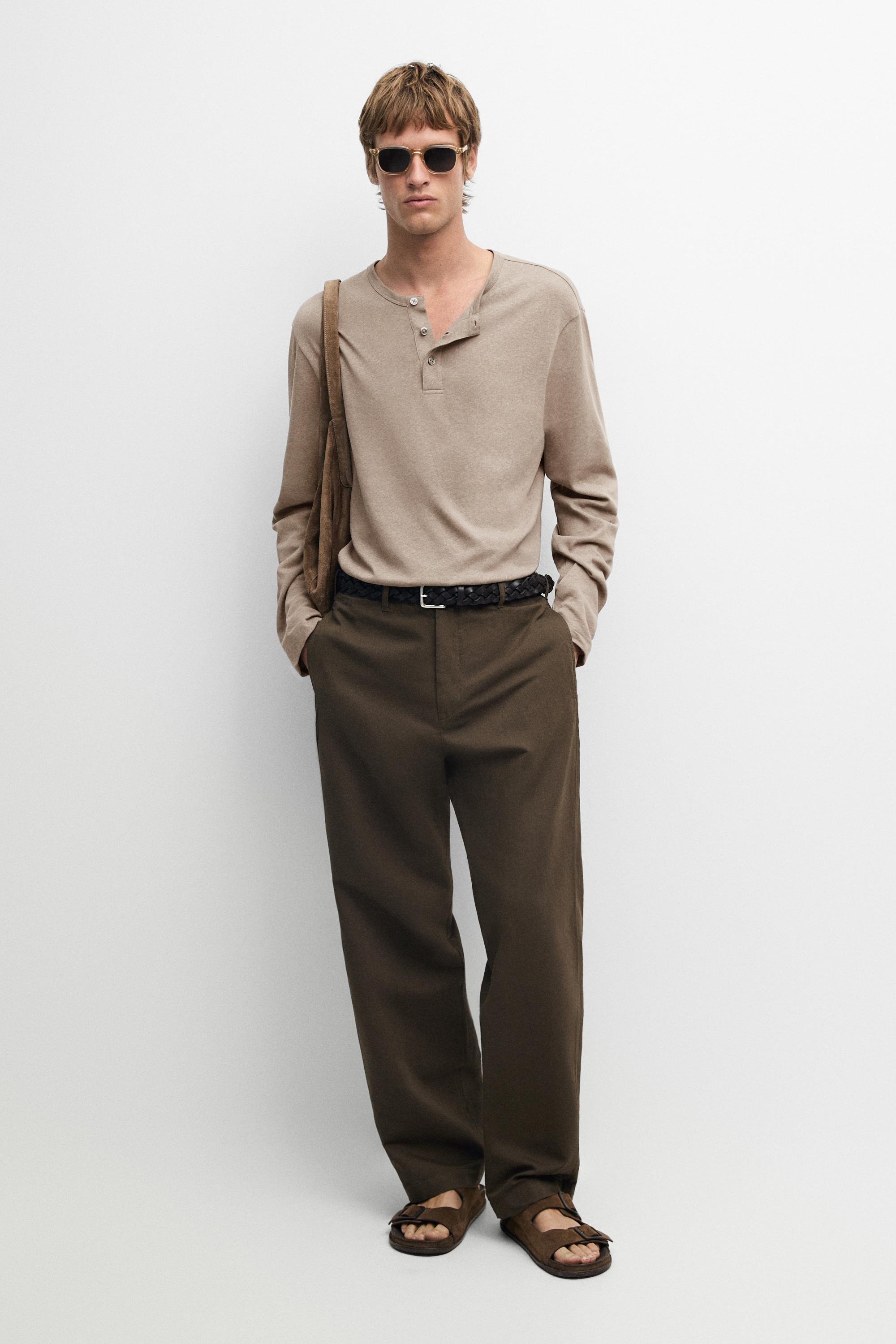 Linen-cotton straight-leg pants — Dark green