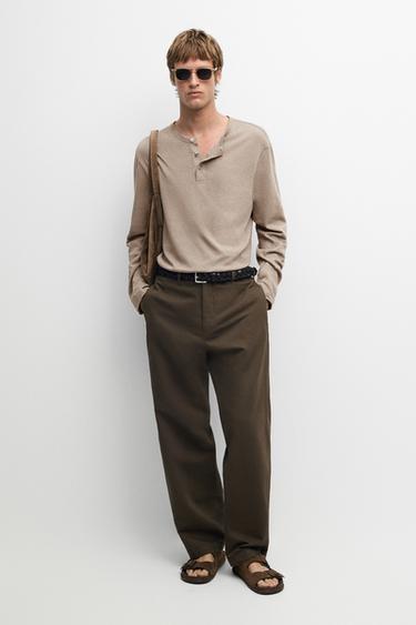 Zara Linen and cotton straight-leg pants - Dark green