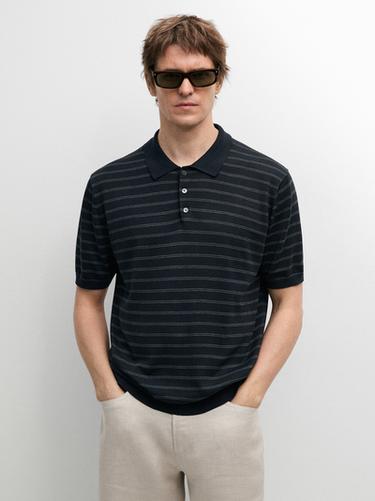 Zara Cotton blend knit polo shirt with striped detail - Navy blue