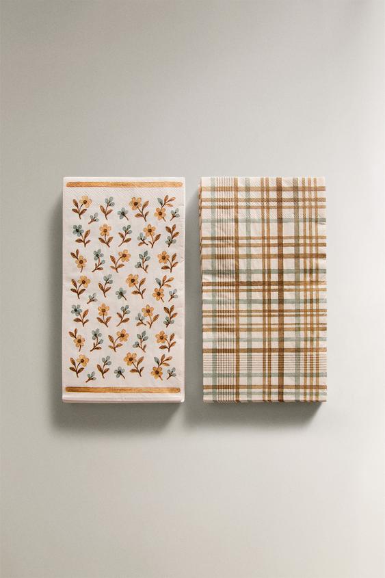 GUARDANAPOS DE PAPEL COM FLOR E QUADRADOS (CONJUNTO DE 30) - Bege da Zara - Imagem 0