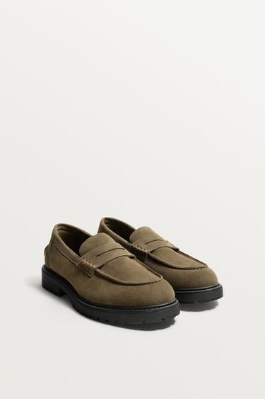 LEATHER TRACK PENNY LOAFERS - Taupe Grey by Zara