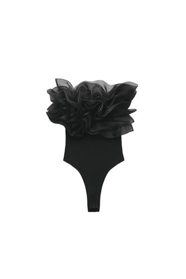 RIBBED BODYSUIT WITH ORGANZA RUFFLES