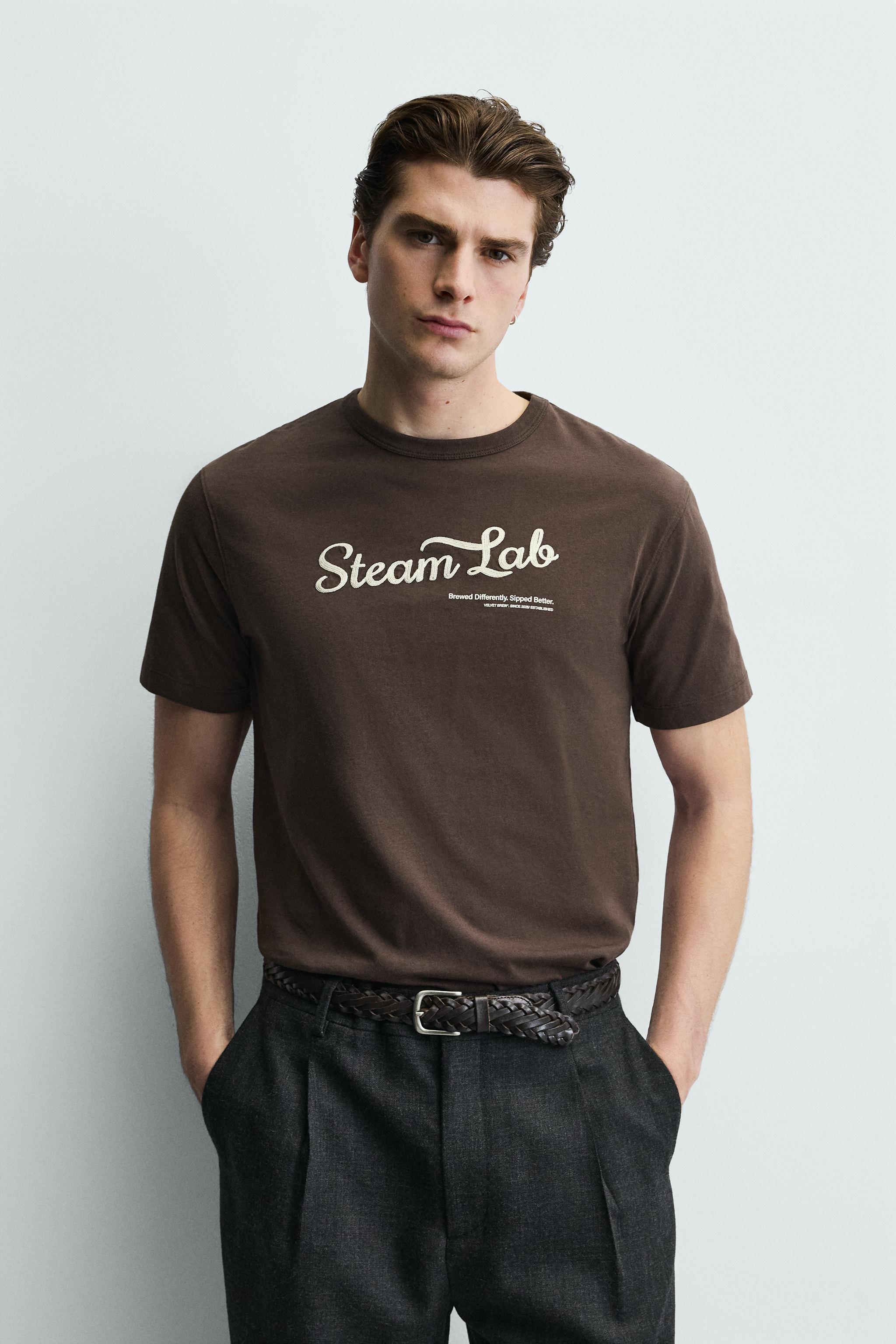 EMBROIDERED TEXT T-SHIRT — Brown