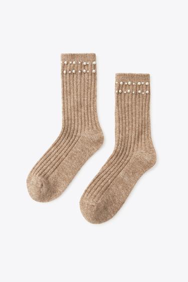 Zara 人造珍珠羅紋襪 - 焦糖色