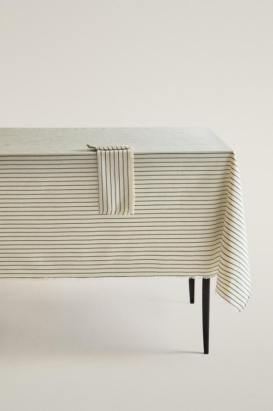 TOALHA DE MESA DE ALGODÃO LISTRADA COM FRANJAS - Cru da Zara - Imagem 0