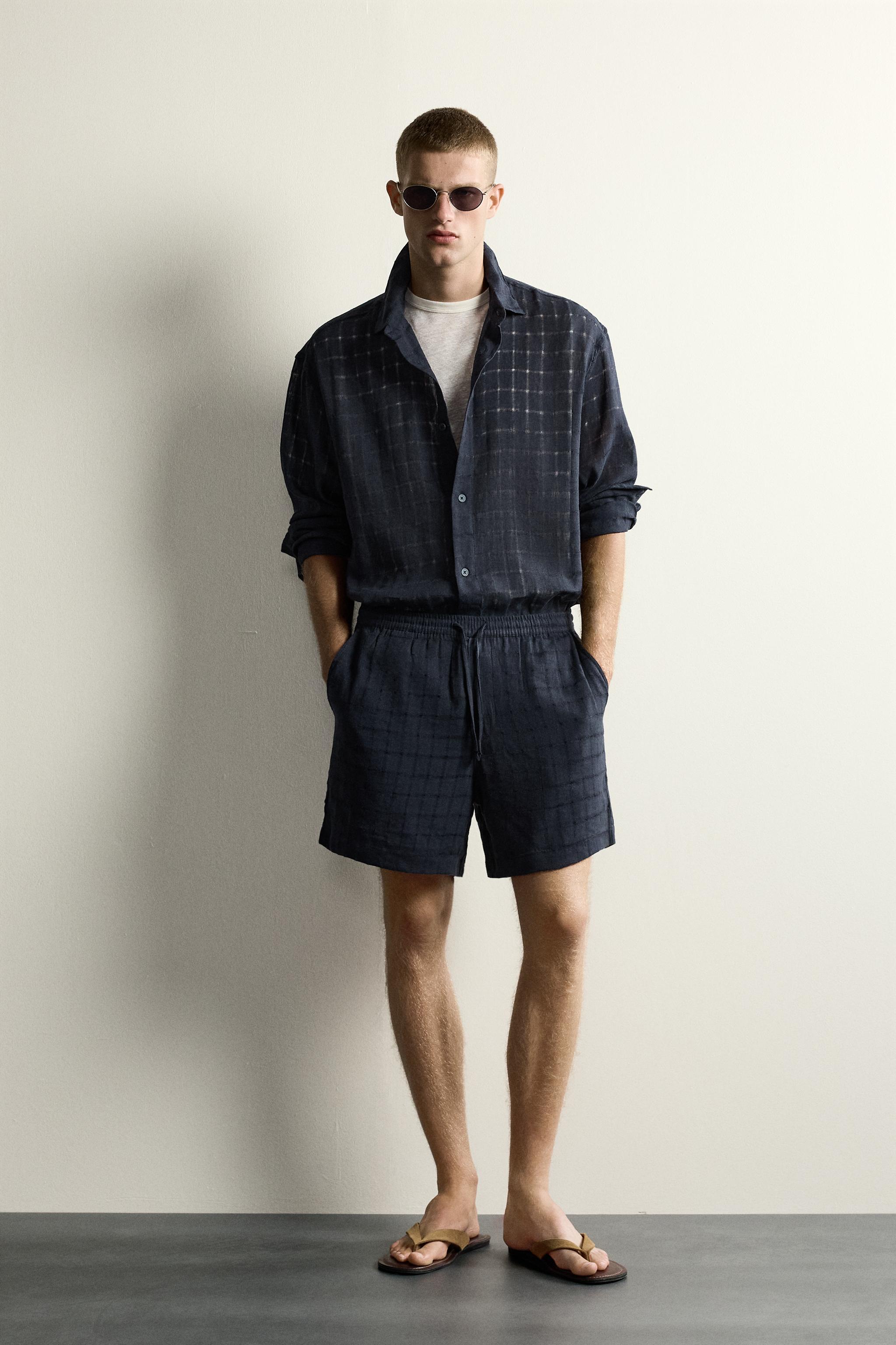 BERMUDA JACQUARD À CARREAUX EN LIN ET COTON