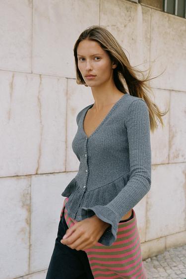 Zara SOFT RUFFLED CARDIGAN - Gray marl