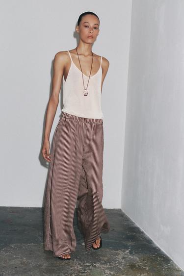 Zara ZW COLLECTION STRIPED FLOWY PANTS - Ecru / Maroon - Image 0