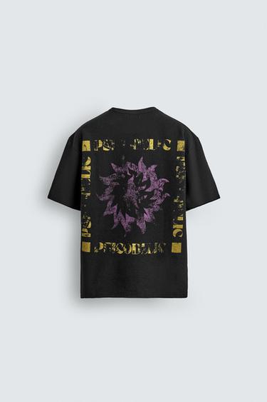 Zara WASHED KNIT PRINTED T-SHIRT - Black