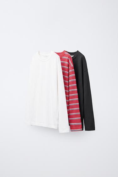 Zara SOLID AND STRIPED THREE-PACK T-SHIRTS - White / Red - Image 0