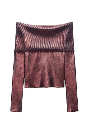 OFF-THE-SHOULDER FOIL KNIT TOP