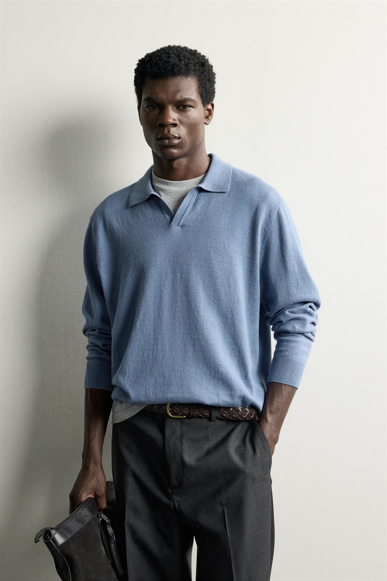 COTTON-BLEND REGULAR FIT KNIT POLO — Sky blue