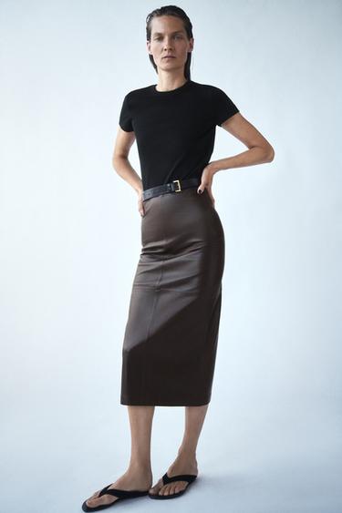 ZW COLLECTION 100% LEATHER MIDI SKIRT - Brown by Zara