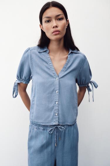 CHEMISE À MANCHES COURTES ET LACETS - Bleu clair de Zara - Image 2