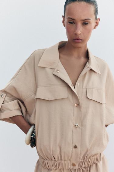 CAMISA SAFARI MANGA CORTA - Beige oscuro de Zara