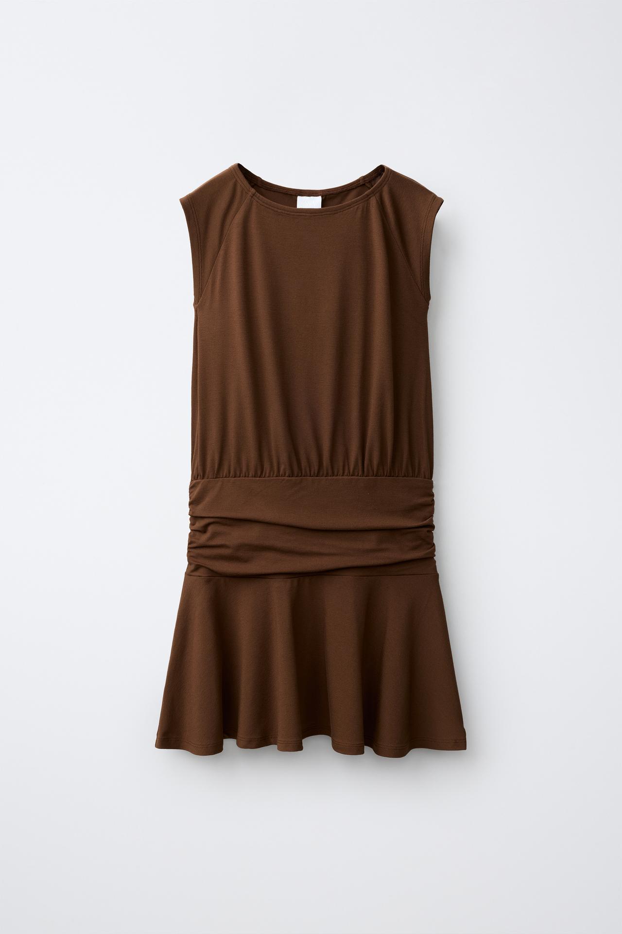SASH RUFFLE DRESS — Brown