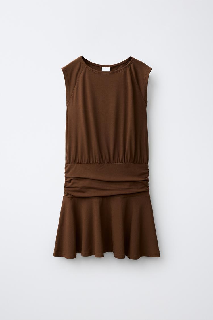 SASH RUFFLE DRESS — Brown