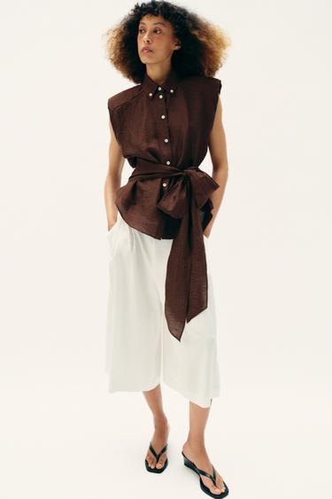 LINEN BLEND SHOULDER PAD TOP WITH BELT - Dark brown by Zara - Image 0
