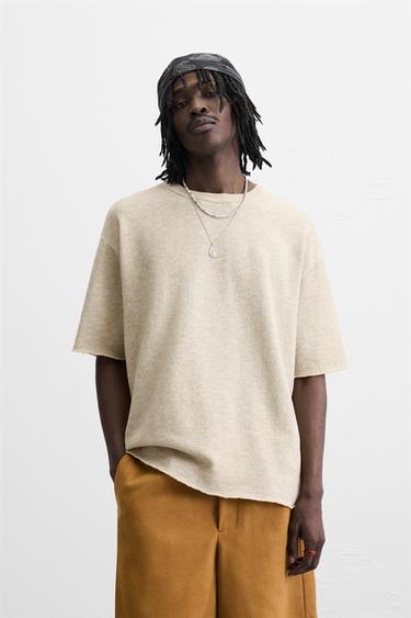 TEXTURED PRINT KNIT T-SHIRT - Ecru by Zara - Image 1