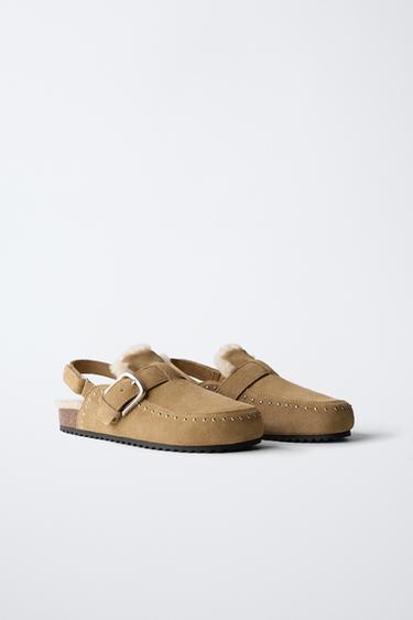 Zara LINED LEATHER CLOGS - Beige