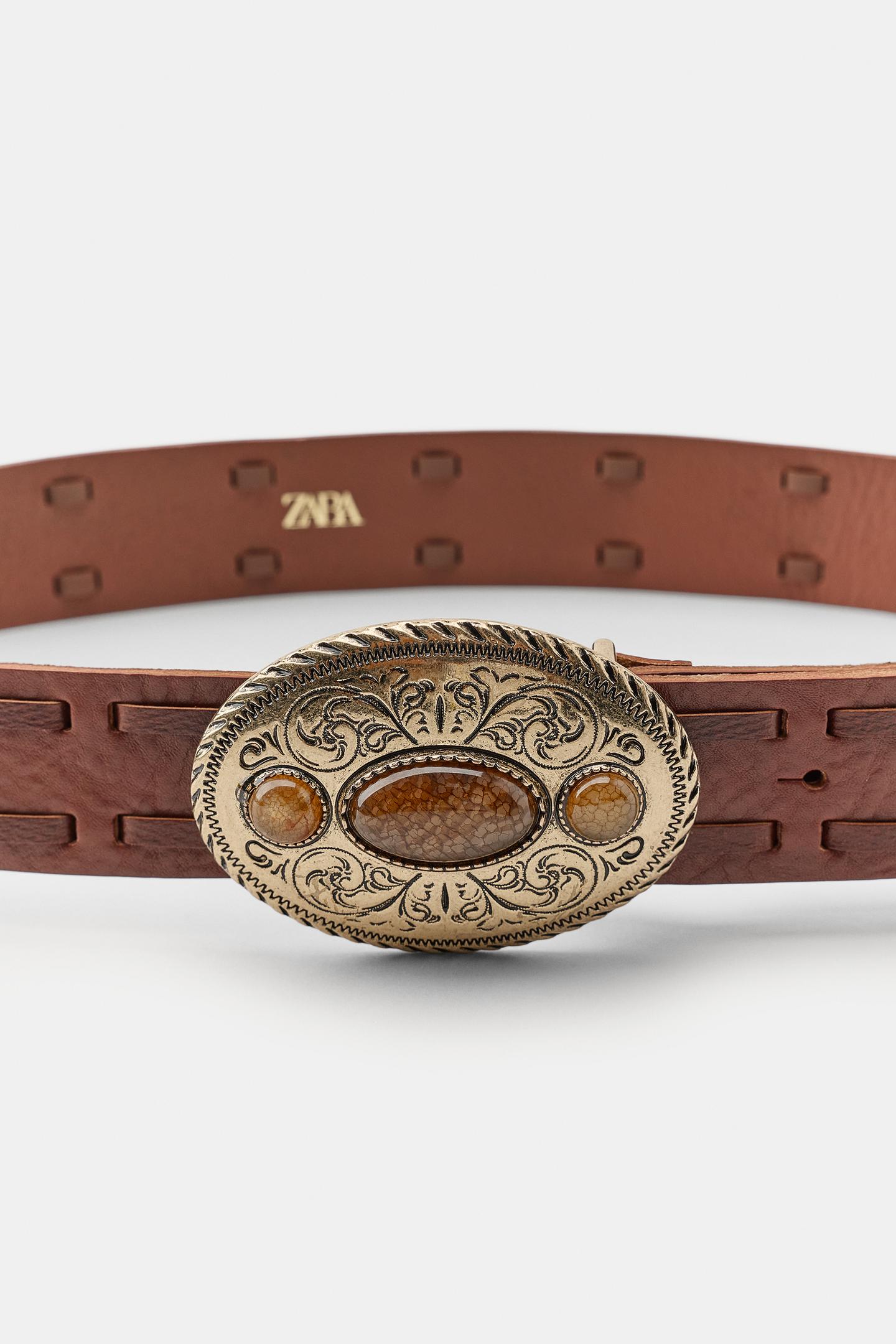 Женский ремень Zara 100% Leather with Stone Buckle, цвет: Коричневый — фото 4
