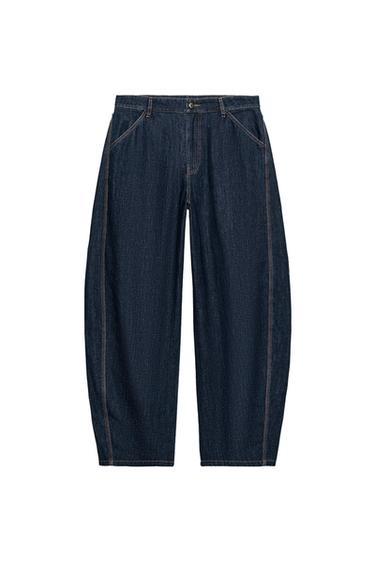 Zara CONTRAST STITCH BARREL JEANS - Indigo