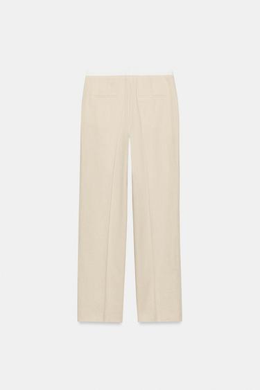 STRAIGHT-LEG LINEN BLEND TROUSERS WITH CONTRAST WAIST - Light beige by Zara - Image 7