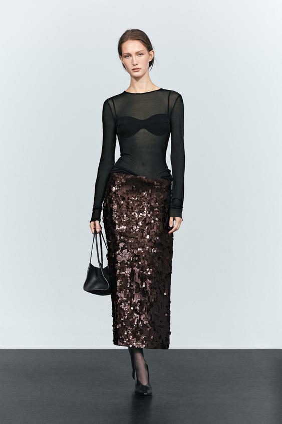 Falda midi recta lentejuelas - Marrón de Zara - Imagen 0