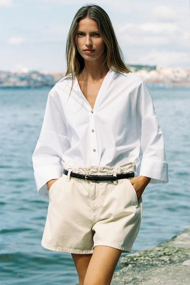 HIGH-WAIST Z1975 PAPERBAG DENIM BERMUDA SHORTS - Ecru by Zara