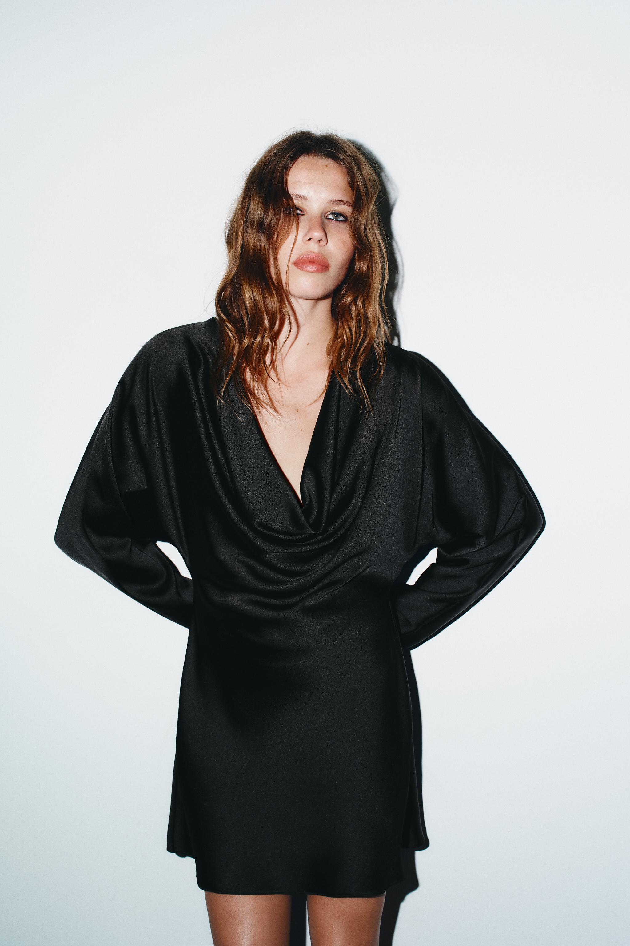 SATIN EFFECT FLOWY NECKLINE DRESS