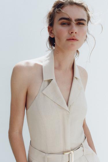 HALTER NECK LINEN BLEND JUMPSUIT - Sand by Zara - Image 2