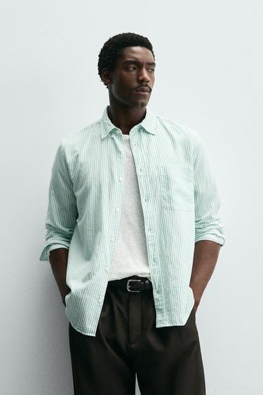 قميص كتان - قطن - شريط أخضر الخاص بـ Zara