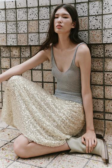 SEQUIN MIDI SKIRT - Silver by Zara