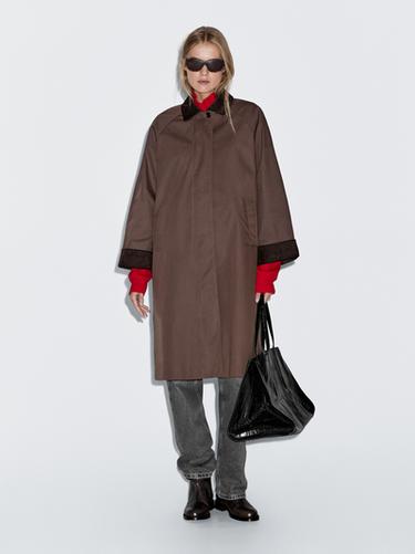 Zara Long waxed parka with corduroy detail - Brown - Image 0