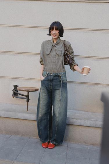 Zara 方格口袋巾府綢襯衫 - 黑色 / 白色