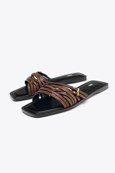 LEATHER STRAPPY SLIDERS WITH BUCKLE - Brown by Zara - Image 1