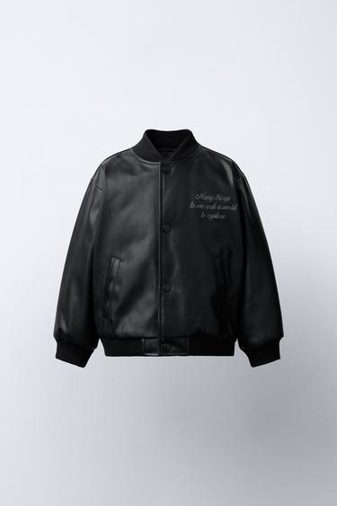 EMBROIDERED TEXT FAUX LEATHER BOMBER JACKET - Black by Zara - Image 0