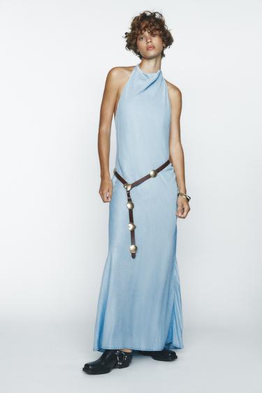 Zara FLOWY HALTER DRESS - Light blue