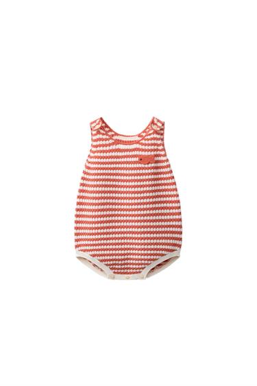 EMBROIDERED FISH STRIPED KNIT ROMPER