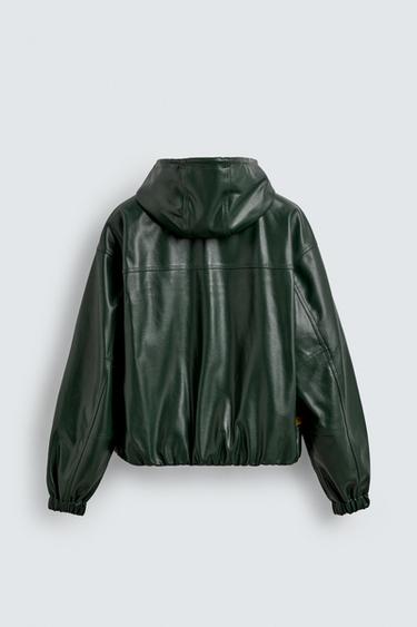 Zara HOODIE FAUX LEATHER JACKET - Green