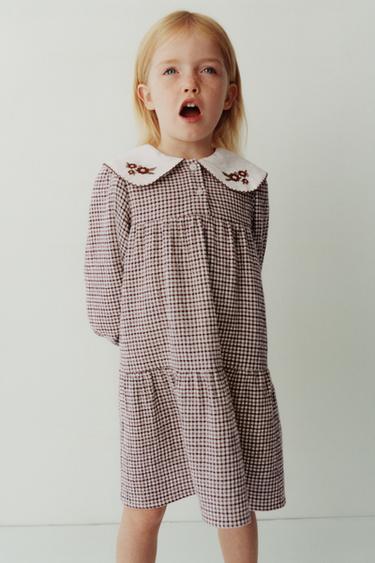 CHECK TEXTURED DRESS WITH EMBROIDERED COLLAR - Dark pink by Zara