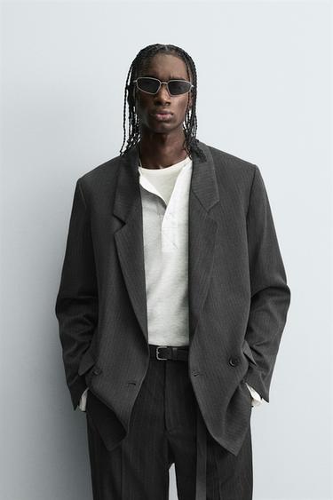 Zara STRIPED DOUBLE BREASTED BLAZER - Gray