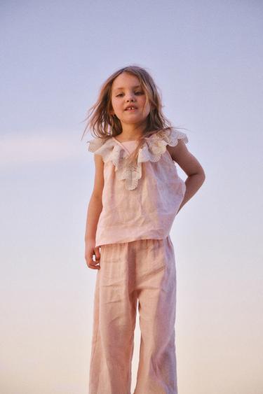 LINEN TROUSERS WITH LACE TRIM - Pastel pink by Zara