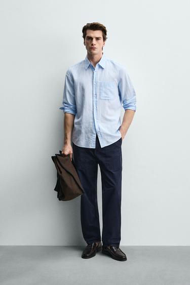 REGULAR FIT LINEN - COTTON SHIRT - Sky blue by Zara
