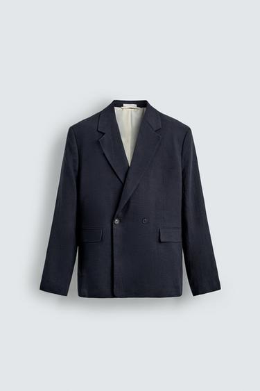 Zaras DUBBELKNÄPPT KOSTYMKAVAJ AV LINNE OCH BOMULL - Indigo